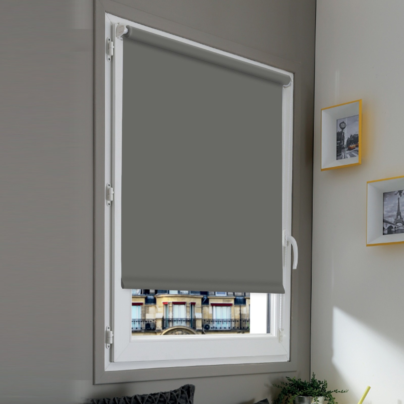 Store enrouleur occultant sans percer - Gris clair